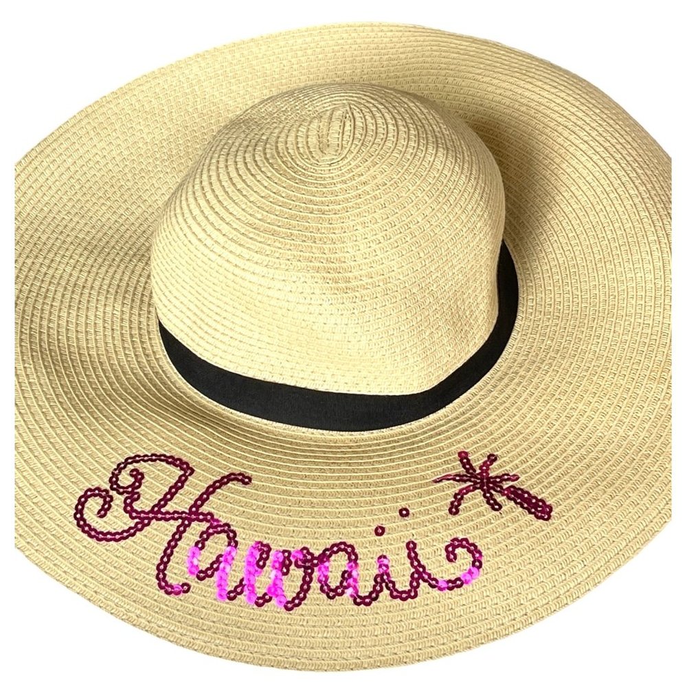 Surfwear Hawaiian Straw Sun Hat Classic Beach Hat Pink Sequins Women's Regular O - Picture 3 of 10